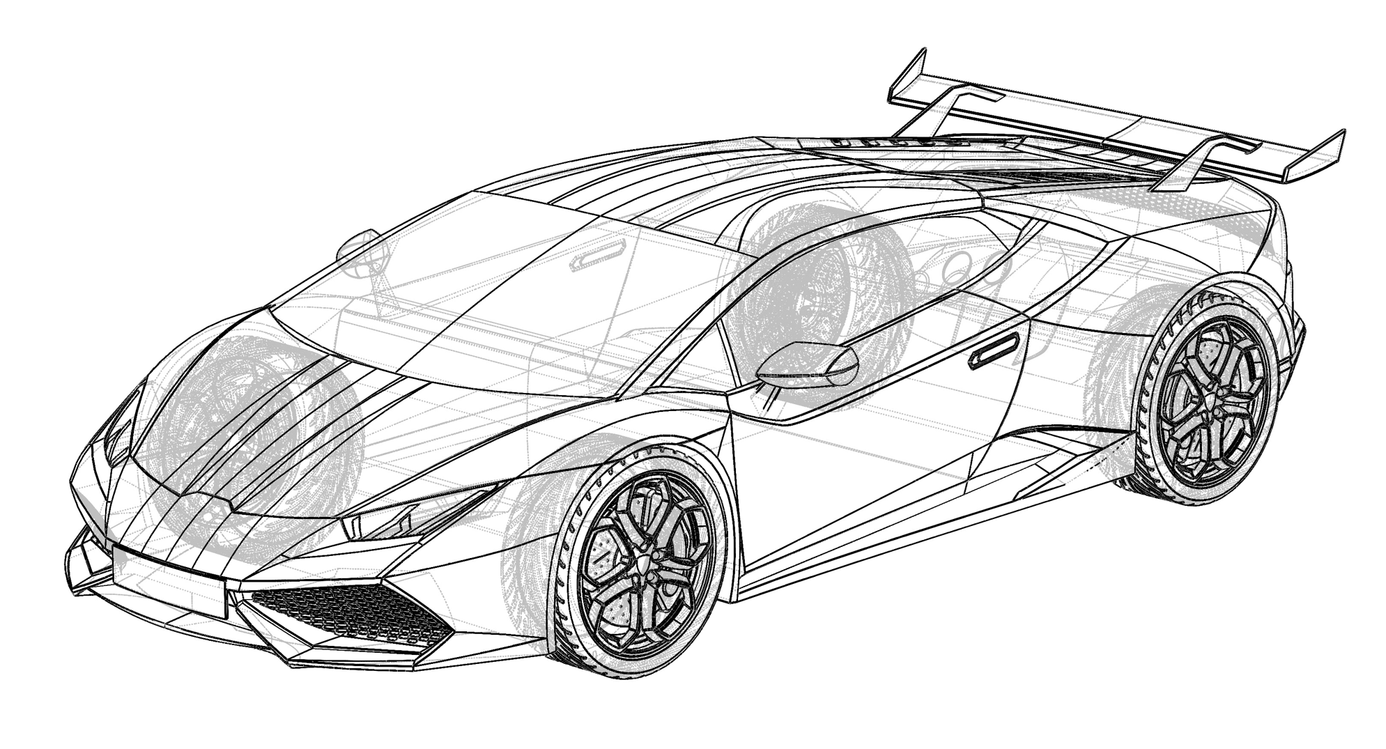 Wireframe line view of the Huracán SolidWorks model, showing the surfaced body panels, wheels and rear wing